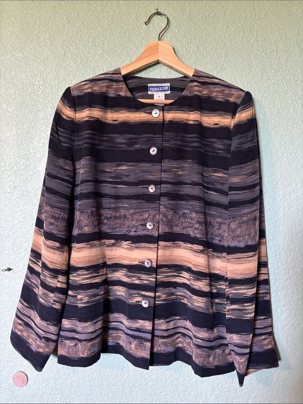 Pendleton 100% Silk Navy & Tan Striped Button-Front Women's Top Size 8 like new